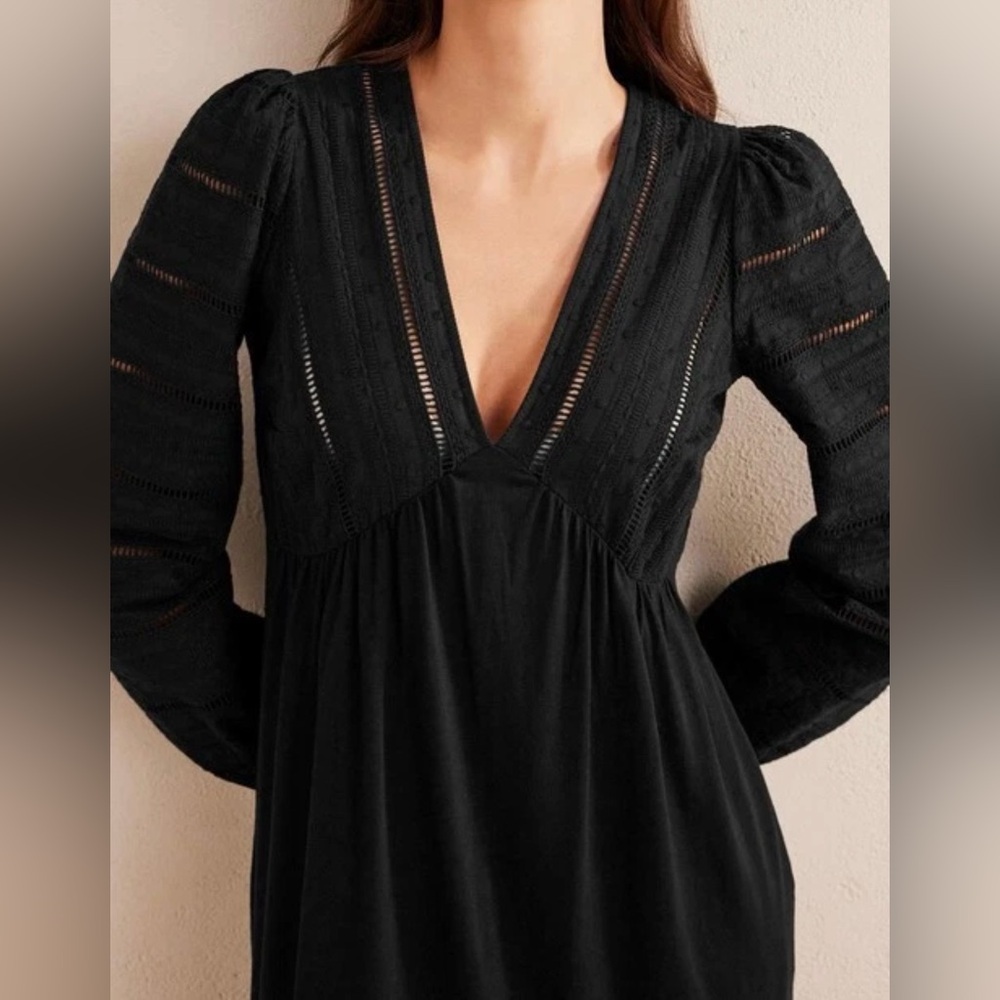 Boden Women’s Woven Mix Midi Broderie Jersey Dress 4R Black Peasant 4 Embroidery - Picture 2 of 10